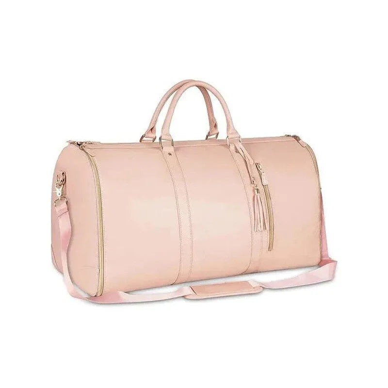 Waterproof PU leather travel bag in pink, one-shoulder crossbody design, 52x25x32cm, 20-35L capacity
