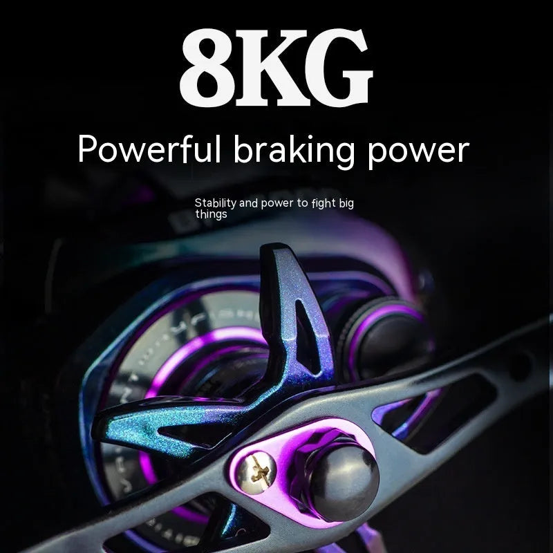 BM2000 fishing reel with colourful finish and magnetic brake system, shown in left-hand and right-hand model options.
