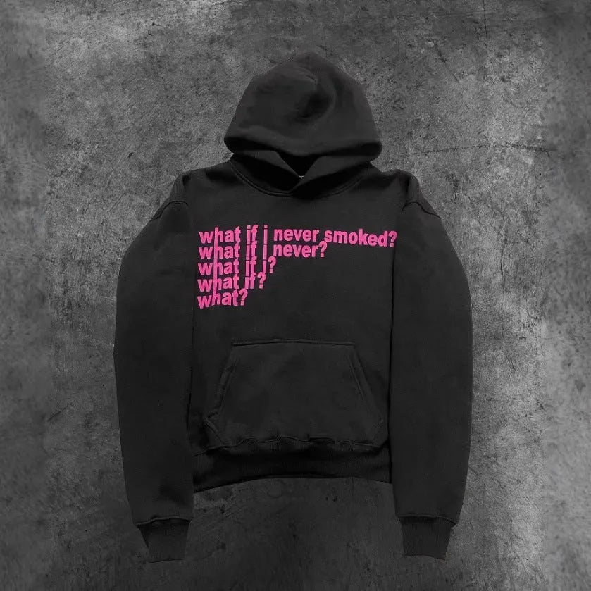 Black and grey heavy hooded sweater with printed letter graphics, showing front view with hood up