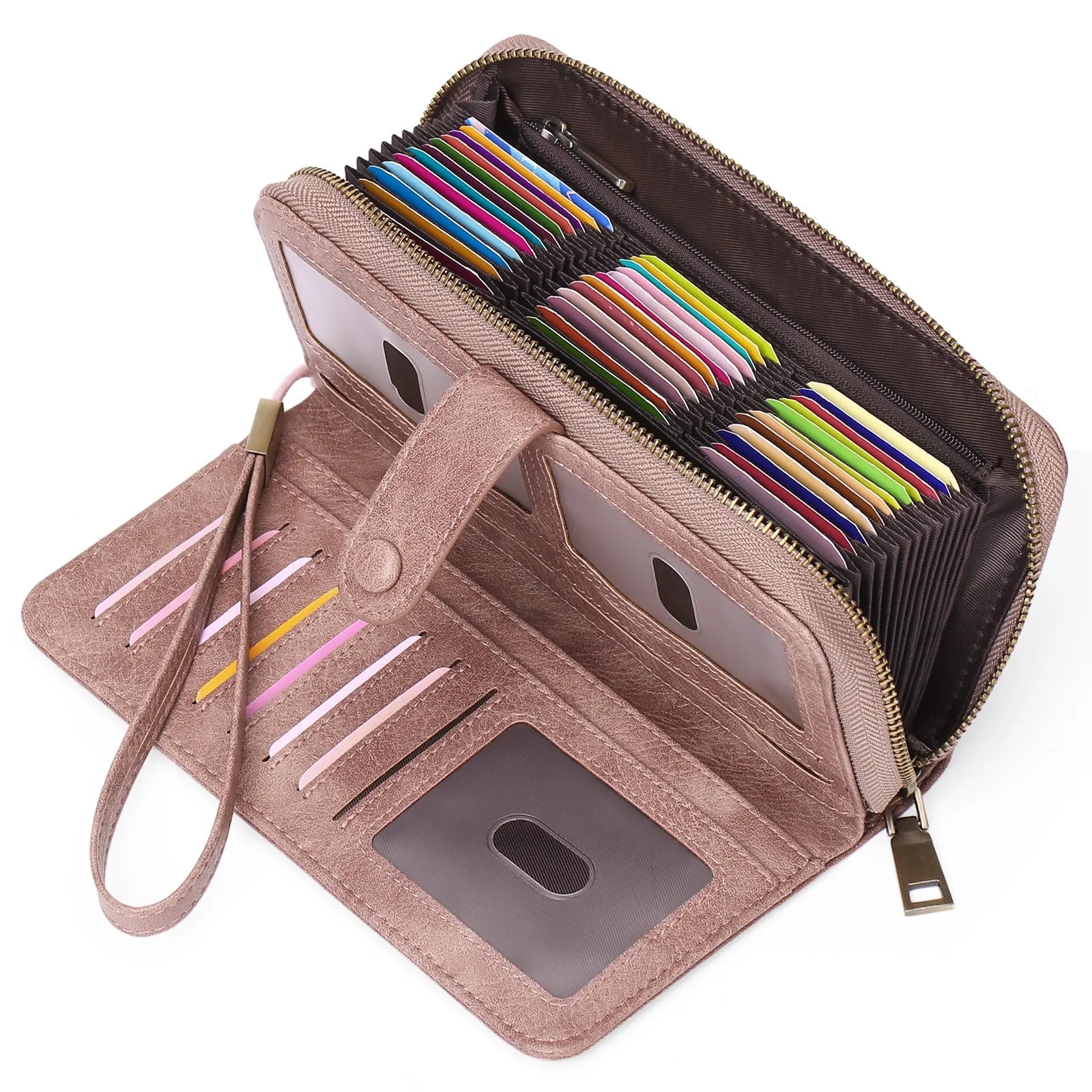Light brown expanding card holder wallet for women showing multiple card slots and anti-theft swiping feature.