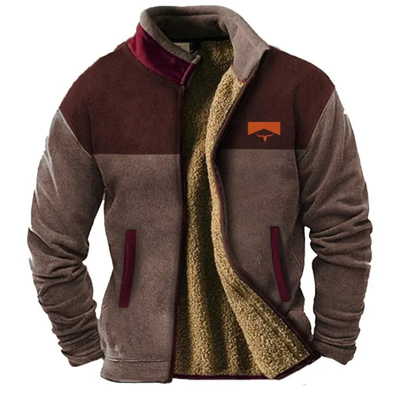 A man's fleece-padded coat in light brown, showing a regular fit and zip front.