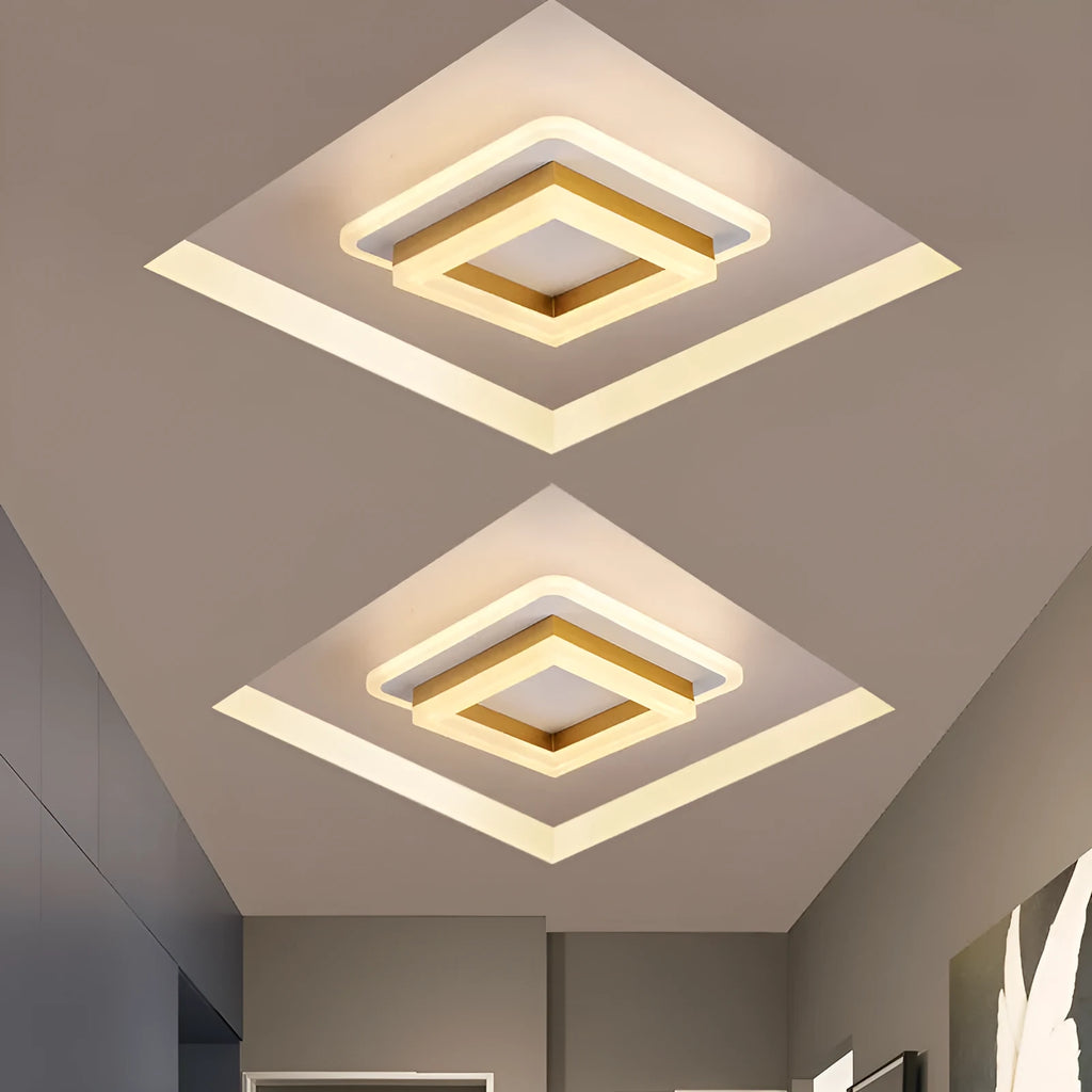 Modern simple LED ceiling light in black or gold, round or square shape, for corridors and hallways.