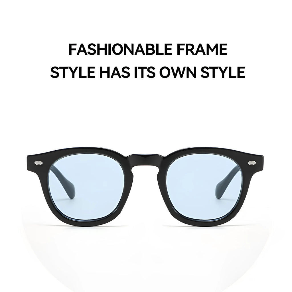 Round rim retro sunglasses with UV400 lenses on a simple background, showing frame and lens colour options.