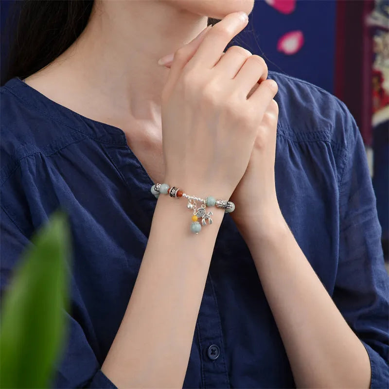 Natural emerald vintage bracelet with jade stone and antique alloy setting in retro style