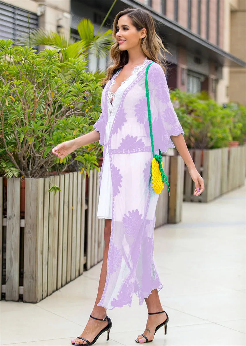 Light purple lace embroidery dress cardigan with cotton lining for beachwear