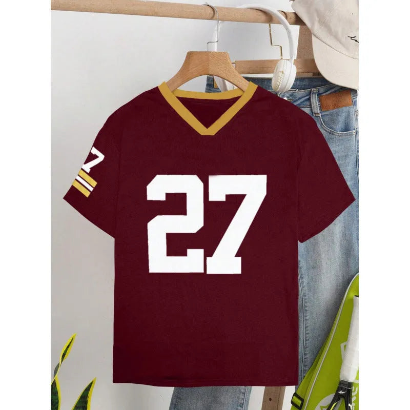 Casual cotton T-shirt with digital letter print in red or green, loose fit short sleeve design