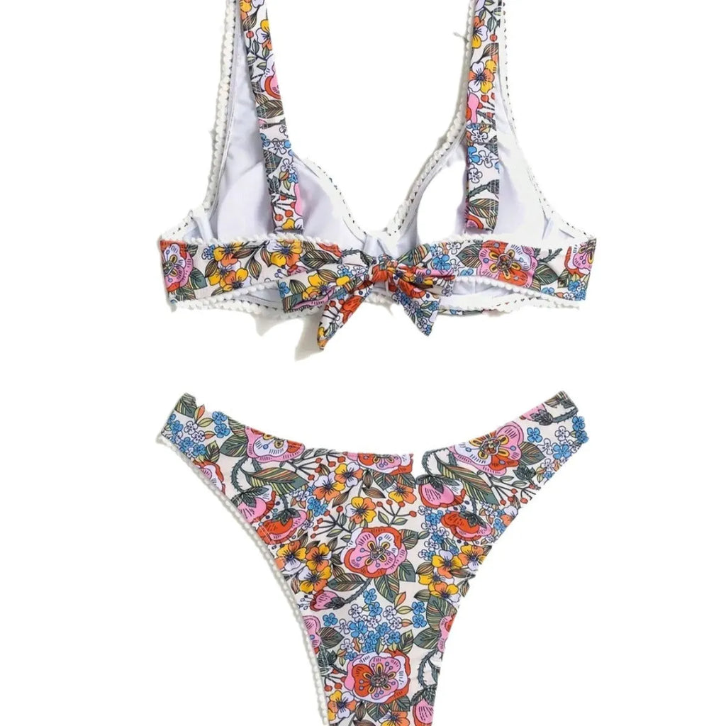 Women's floral printed push-up bikini with steel bracket support and adjustable tied design