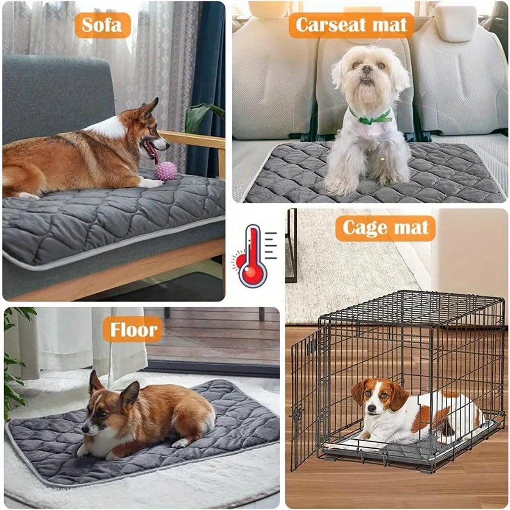 Self-heating pet mat in brown or grey with non-slip base, 5-layer thermal pad for dogs and cats