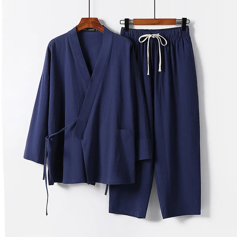 Cardigan-style Hanfu two-piece suit in cotton and linen, shown in apricot colour with shirt-style jacket and trousers.