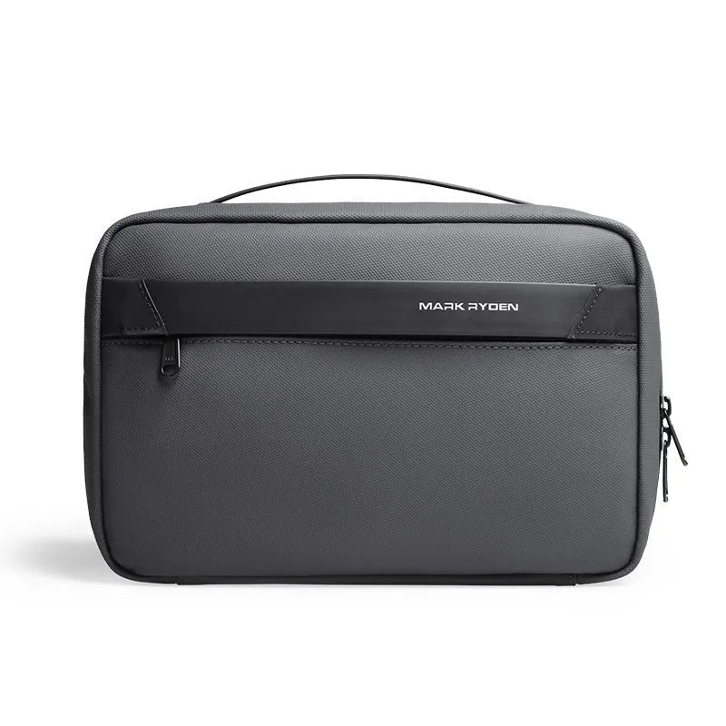 Black Oxford cloth toiletries bag with multiple compartments open, showing wet-dry separation design.