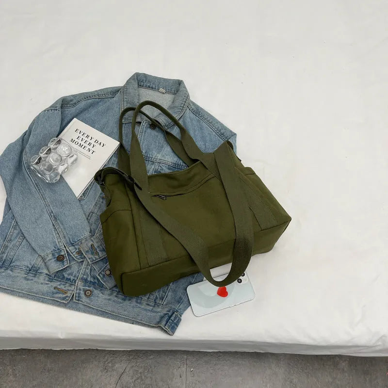 Large solid colour polyester canvas shoulder tote bag for women with outer pocket