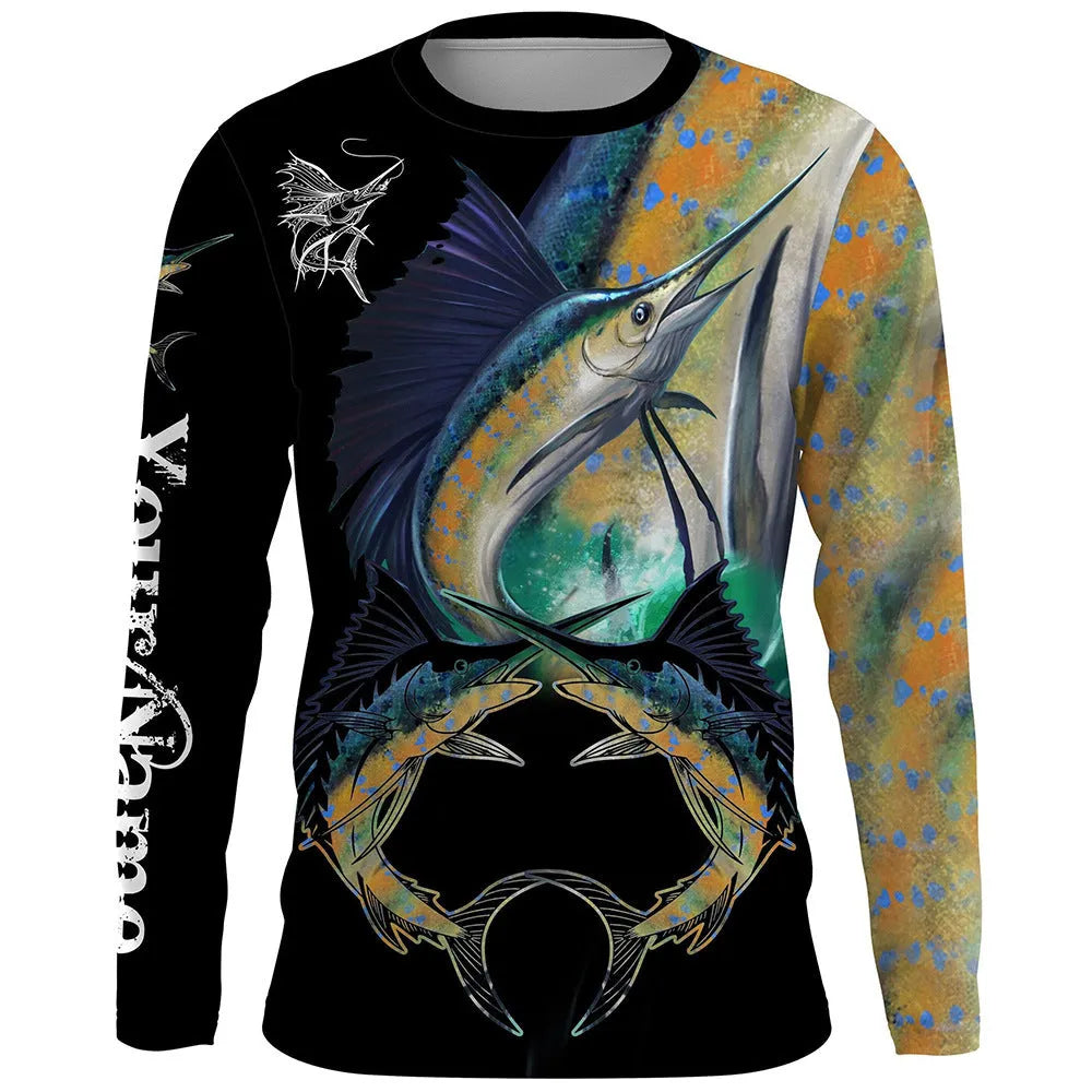 Men's fish printed long-sleeved pullover top in milk silk polyester fabric showing round neck design