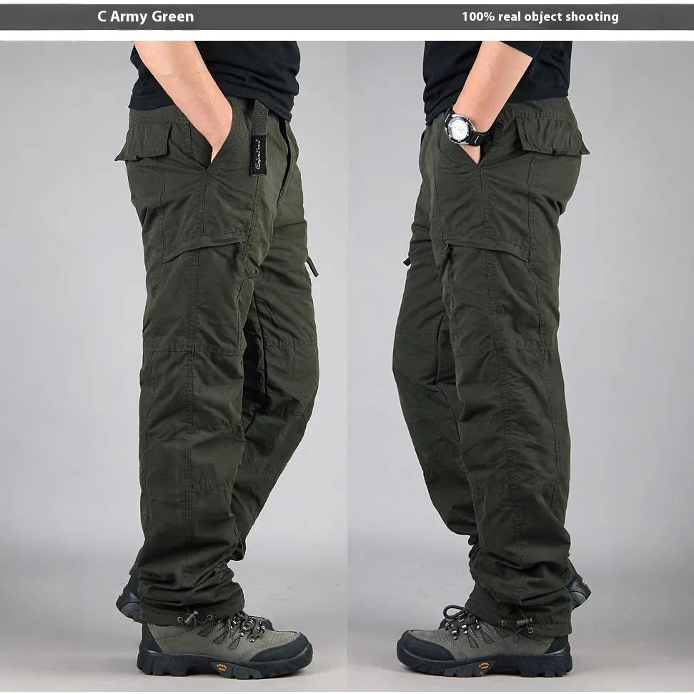 Men's thick velvet cotton overalls with wool lining in stone wash finish, straight leg loose fit