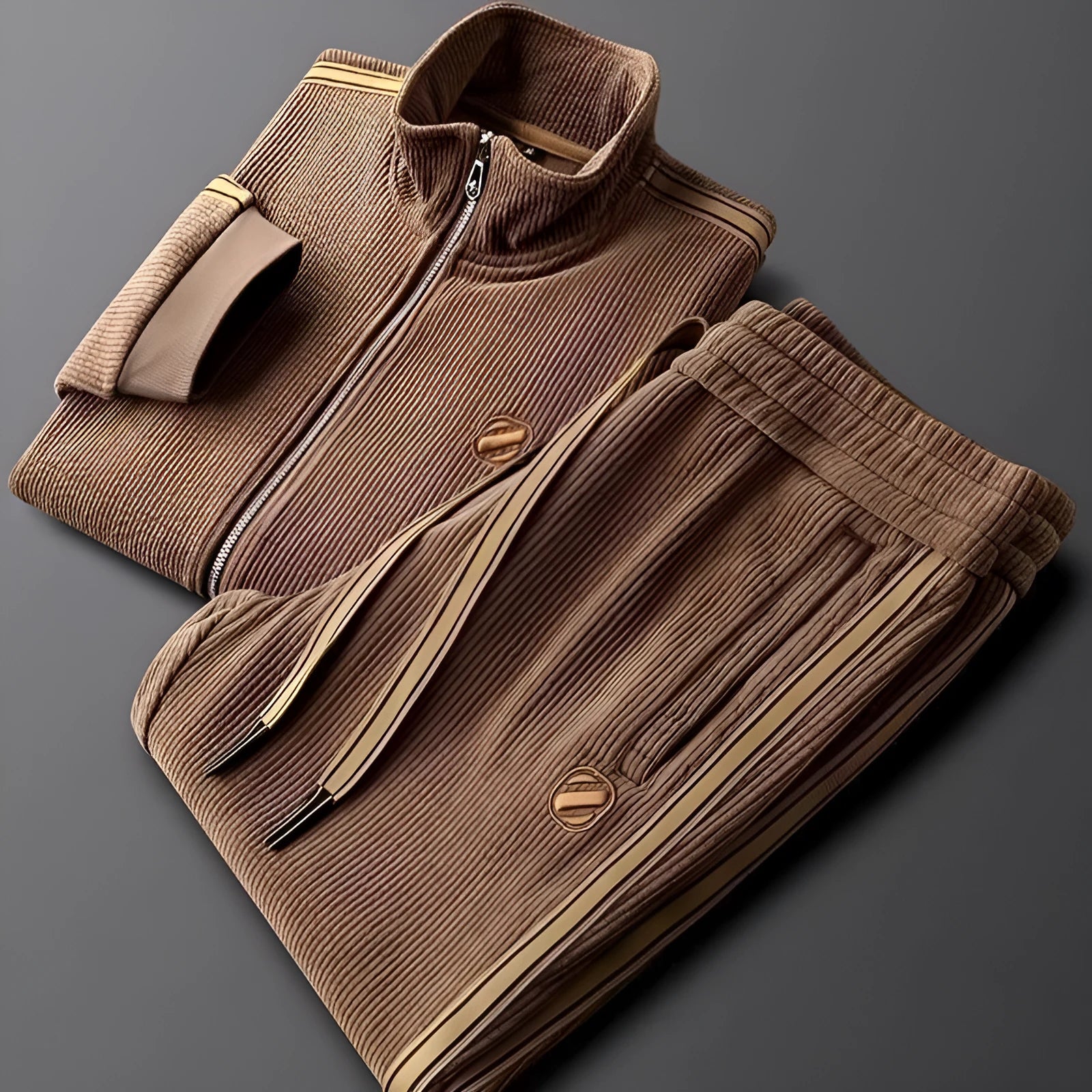 Men's brown synthetic fibre blend striped sportswear set with long-sleeve jacket and long pants