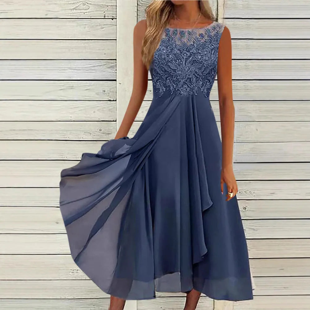 Women's sleeveless midi-length chiffon dress with lace hollow-out stitching in blue.