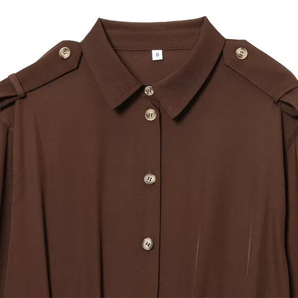 Women's loose fit brown polyester shirt with all-over plants and flowers print, shoulder strap style, front view