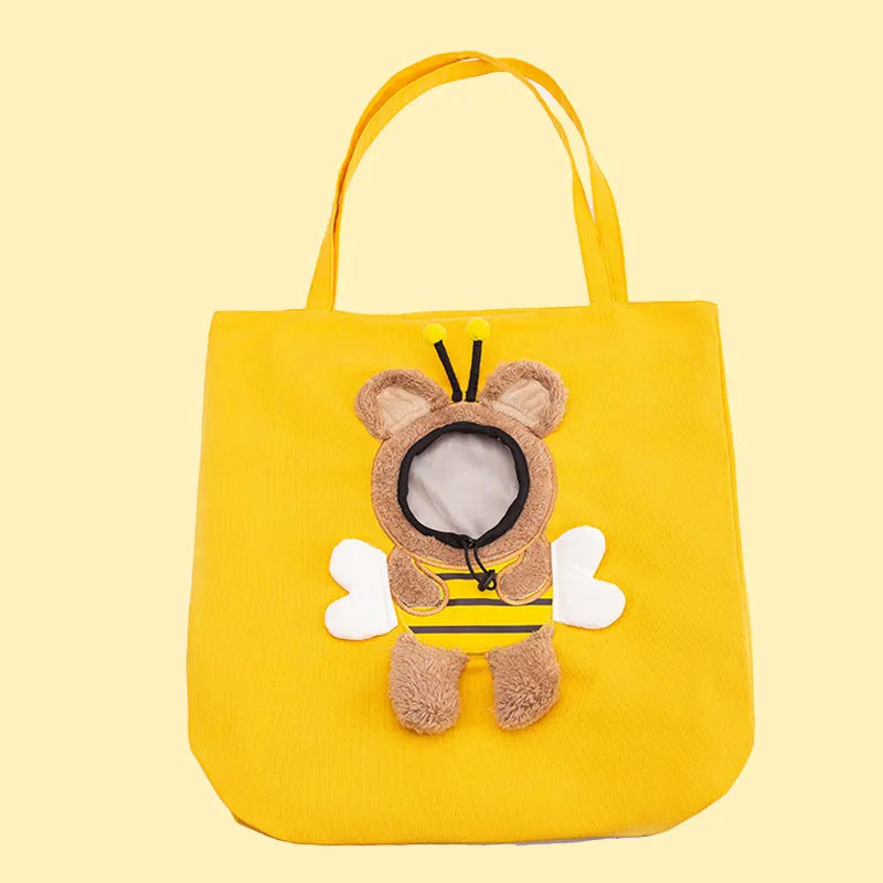 Canvas pet carrier bag with safety zippers and elastic side opening for cat or dog transport