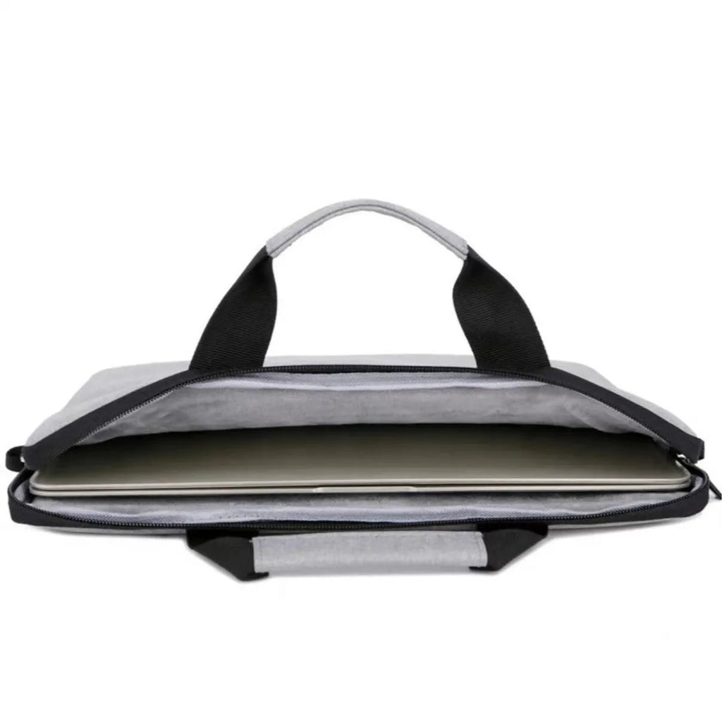 Grey Oxford cloth men's expandable laptop bag with polyester lining and sewing thread detail.