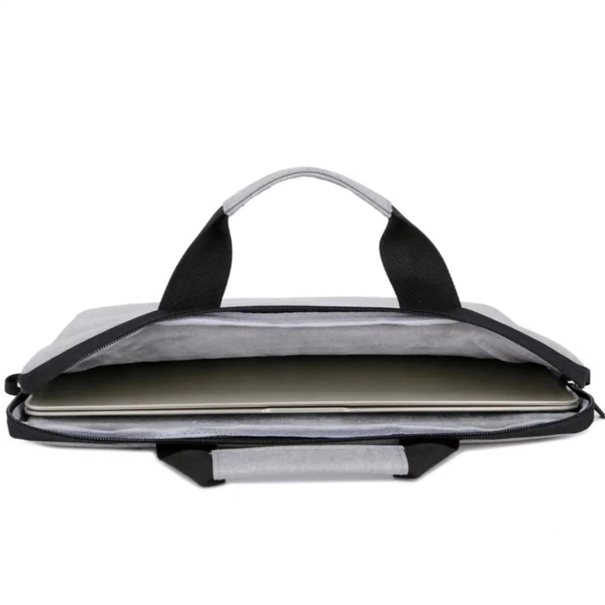 Grey Oxford cloth men's expandable laptop bag with polyester lining and sewing thread detail.
