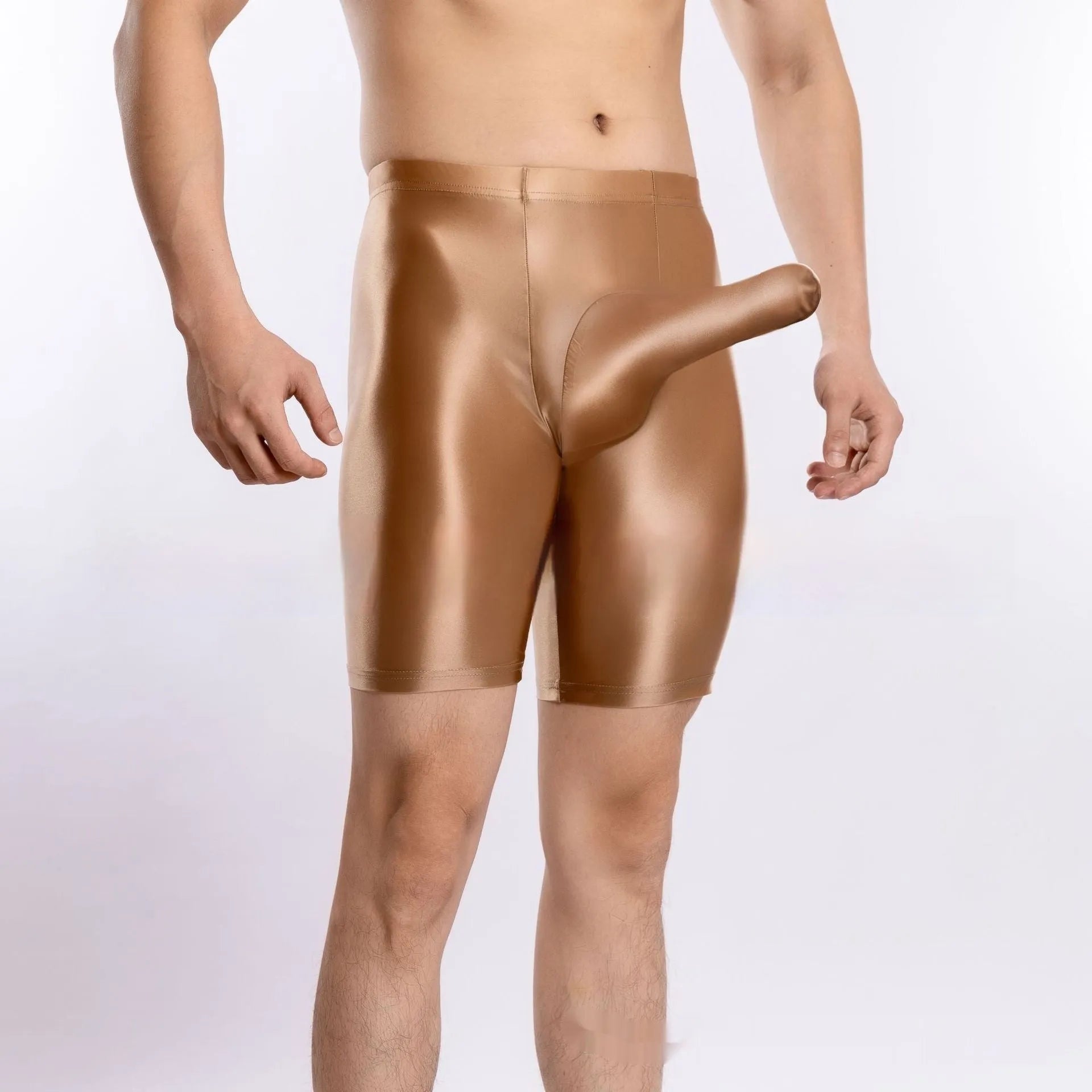 Men's plus size shiny nylon sports shorts in multiple colours on size chart.