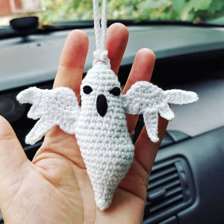 Polyester plush hand-woven cartoon automobile hanging ornament showing Halloween bat and ghost designs.