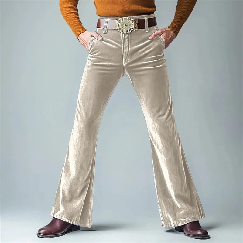 Men's gold velvet slim flared suit trousers in black, dark red, green, blue, khaki, brown or yellow