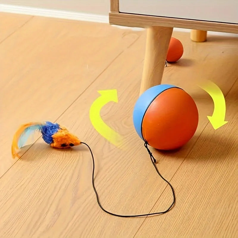 Interactive cat toy with blue and orange ball attached to plush mouse on neutral background