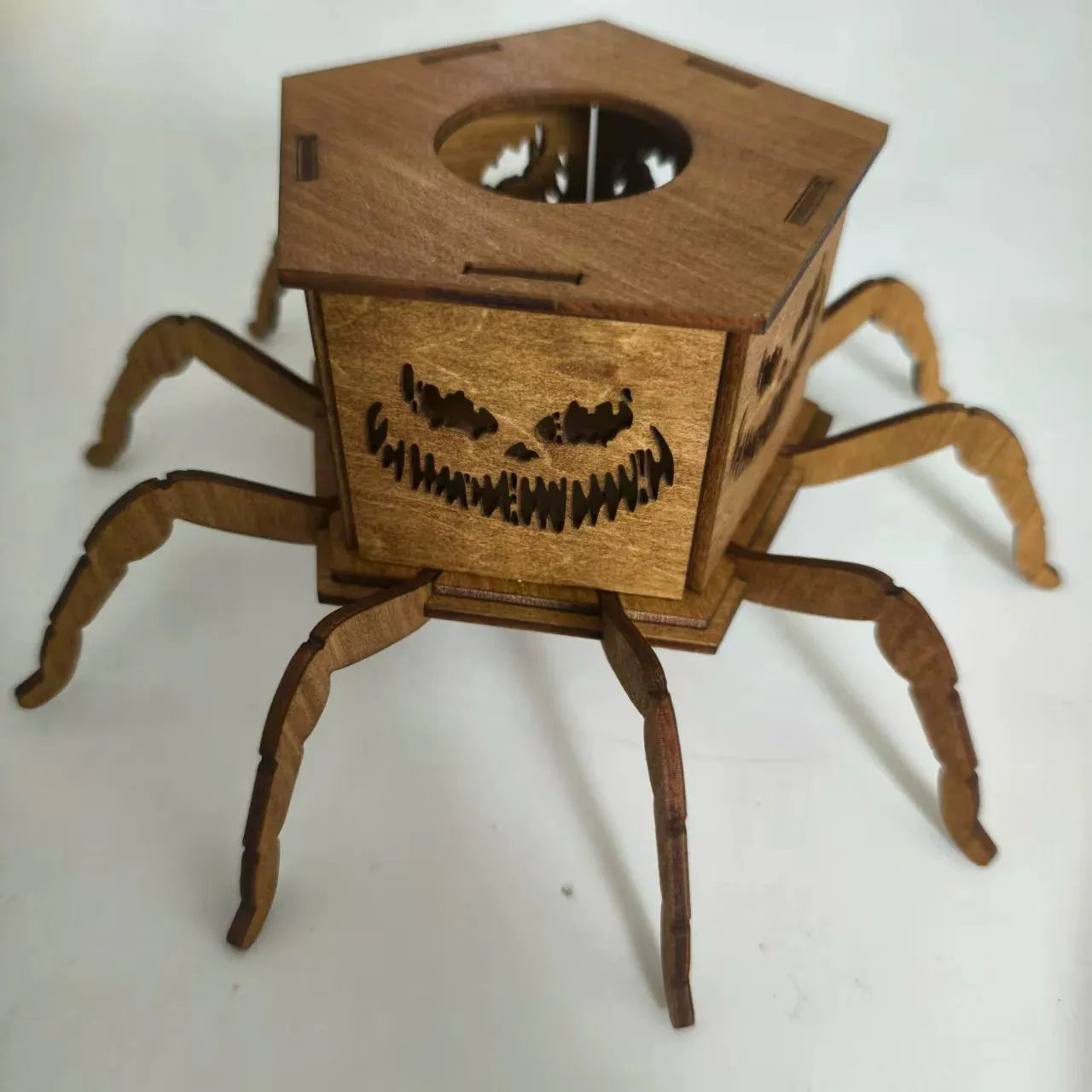 Wooden Halloween spider mini lantern candlestick with spider design measuring 21cm tall