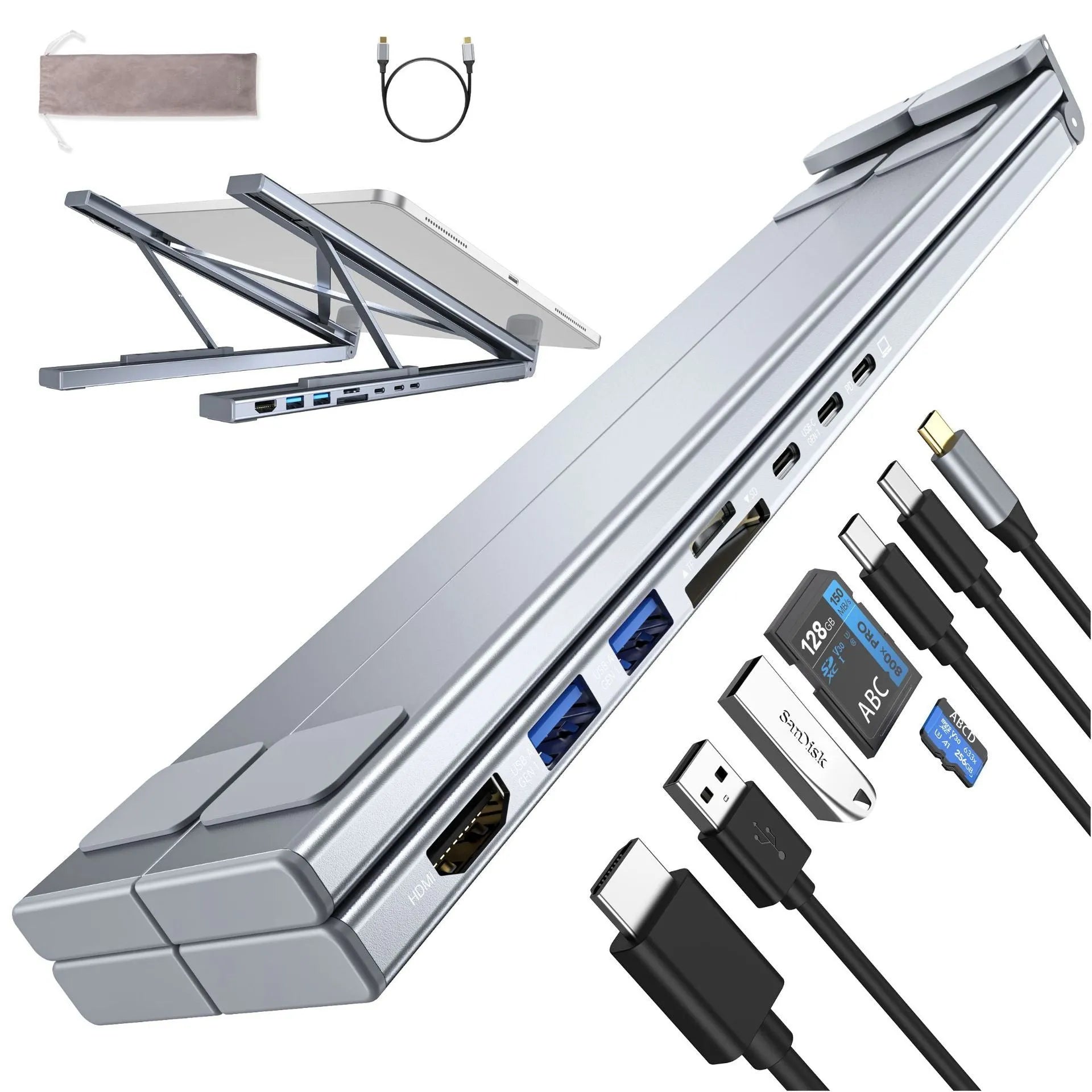Aluminium folding laptop stand with integrated 8-in-1 docking hub ports and a short cable.