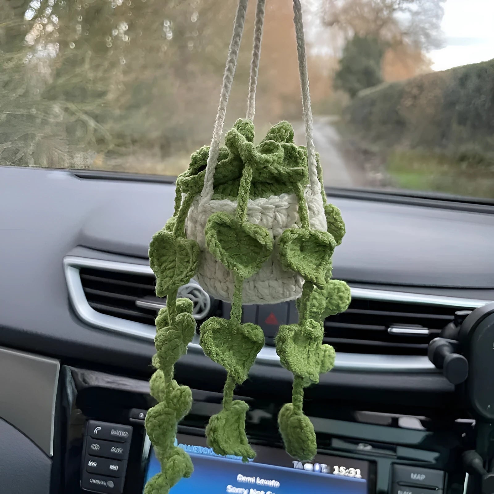 Green and white knitted wool car plant ornament with hanging rope.