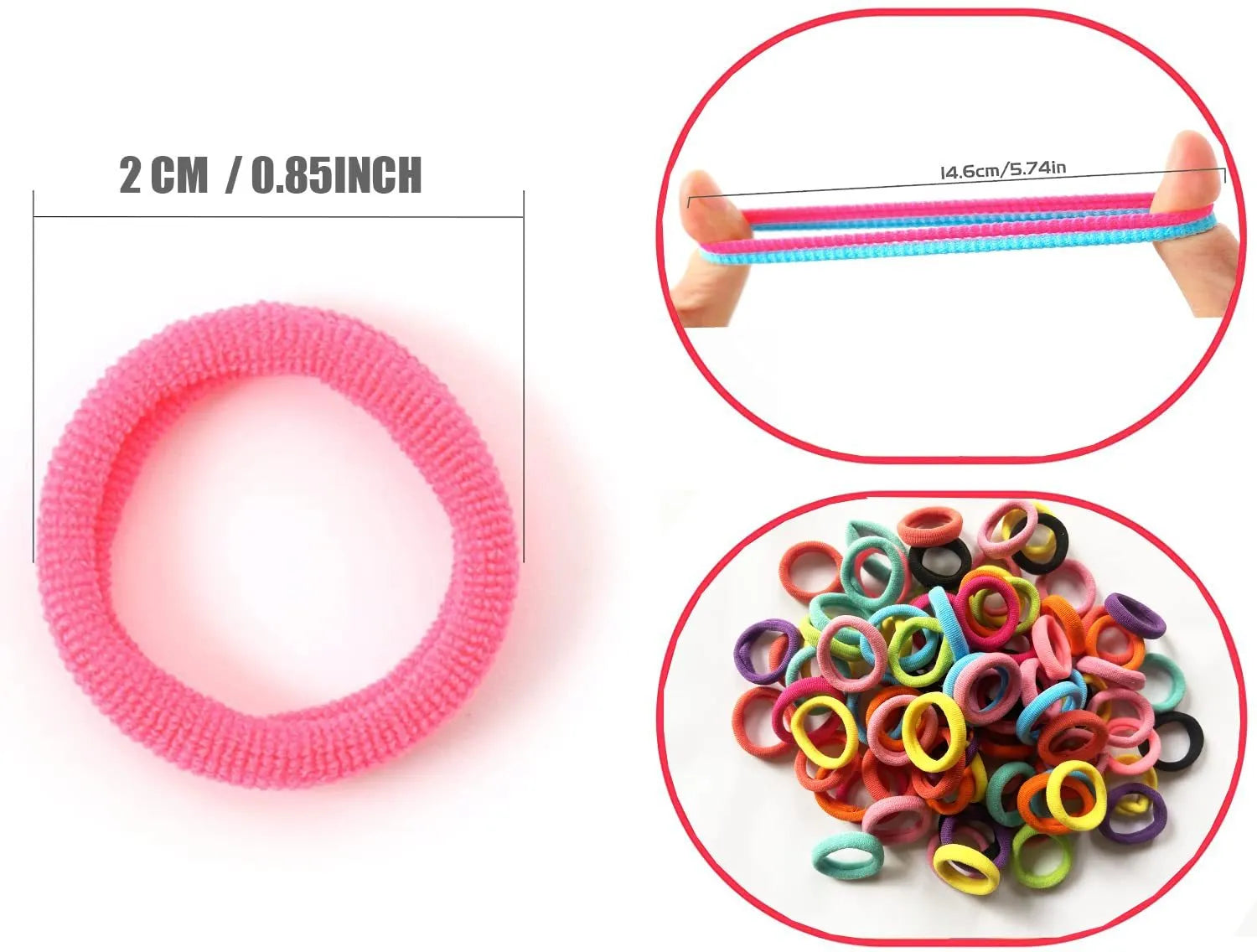 Jar of 100 multicoloured seamless cotton baby hair ties for toddlers and girls.