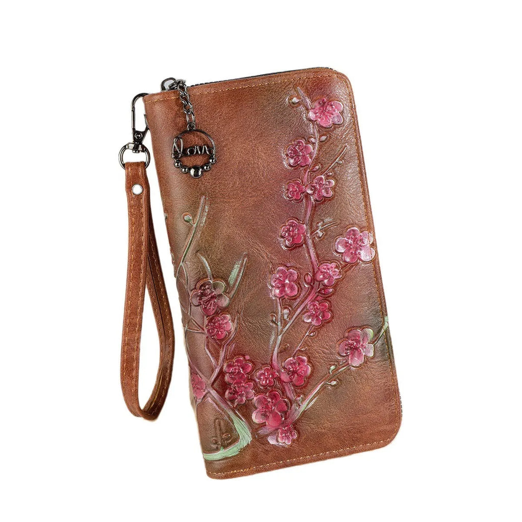 Chinese style embossed hand-painted floral pattern handbag with zipper closure in black colour