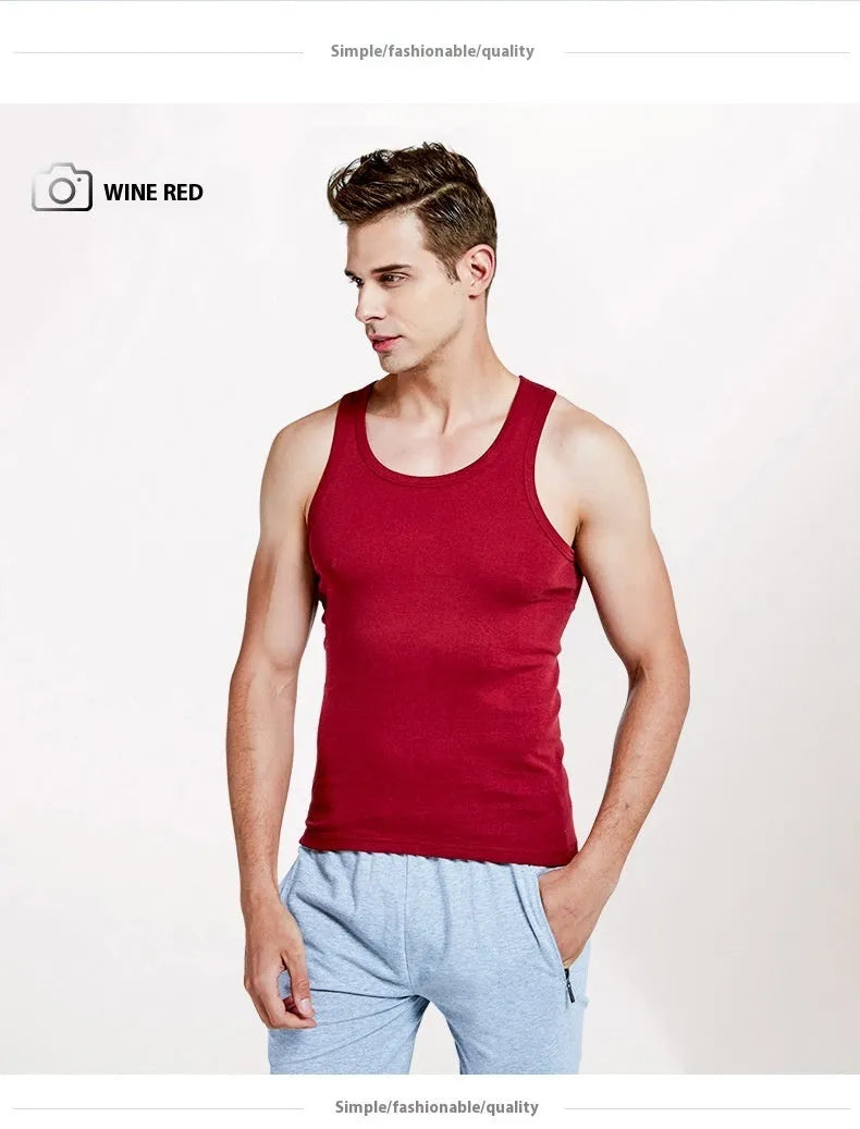 Men's pure cotton slim fit sports vest in white, front view, with stretch fabric for breathable underwear