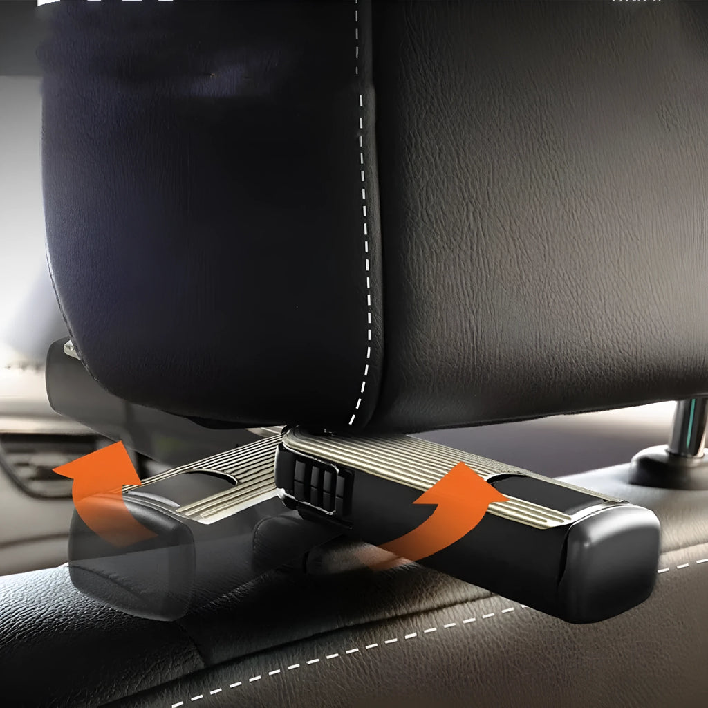 Car seat back rotating hook bracket for rear headrest vertical screen mount in black colour