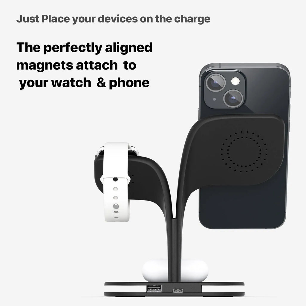 Black or white desktop wireless charging stand for phone, headphones, and smartwatch with 15W max output