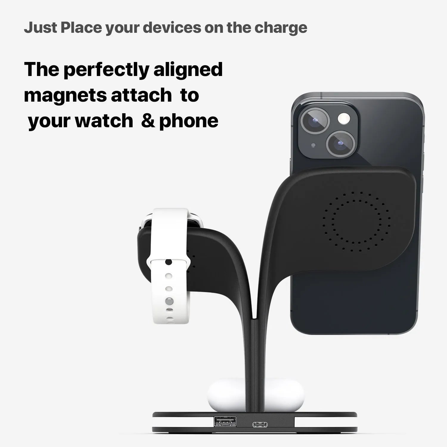 Black or white desktop wireless charging stand for phone, headphones, and smartwatch with 15W max output