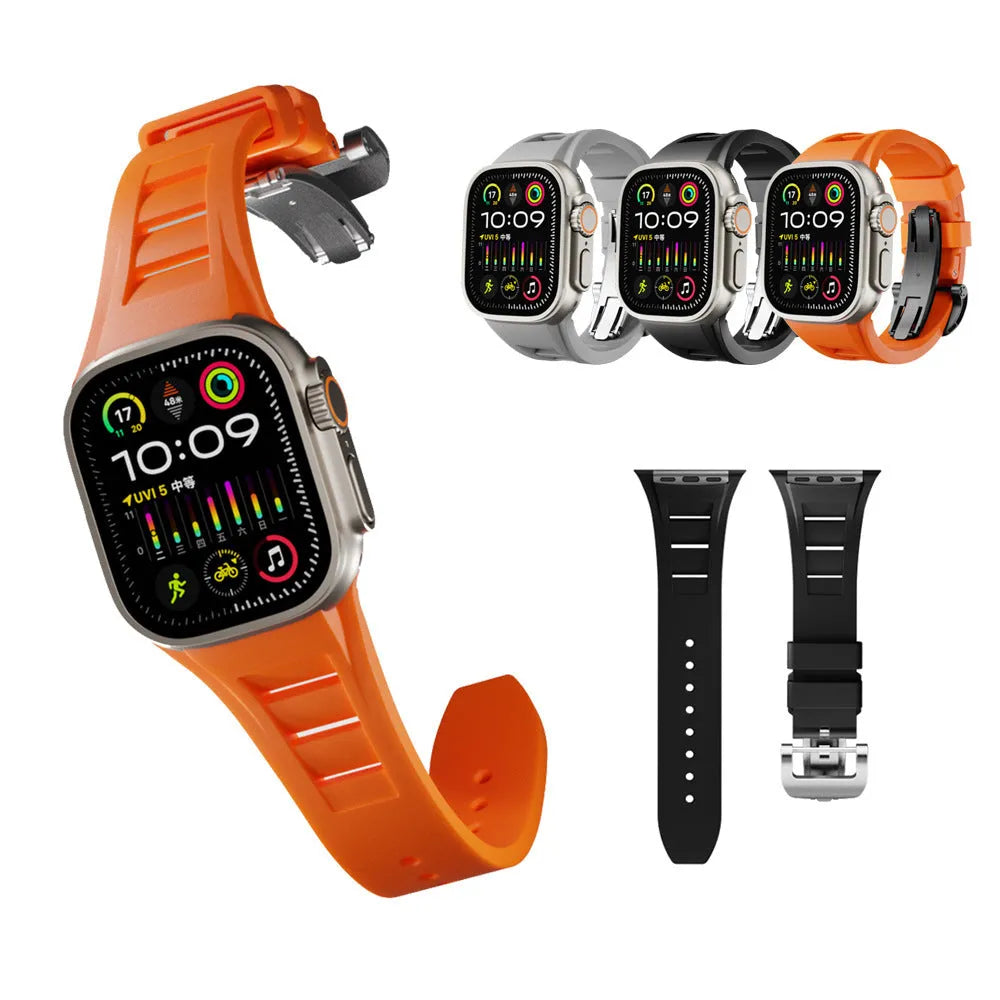 Orange liquid silicone watch strap with silver folding buckle for 42-49mm smartwatch case
