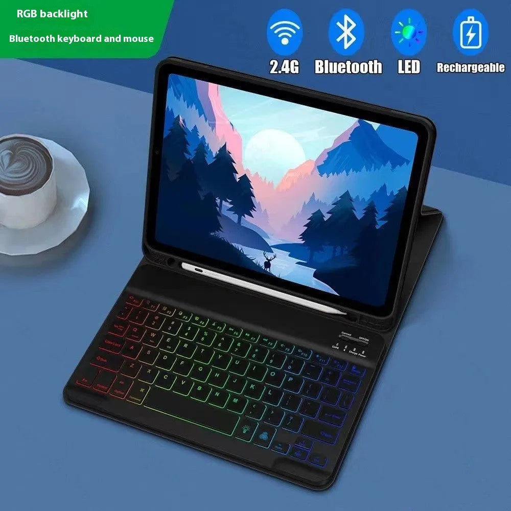 iPad in a colourful TPU leather case with a built-in RGB backlit Bluetooth keyboard and a flip-out stand.