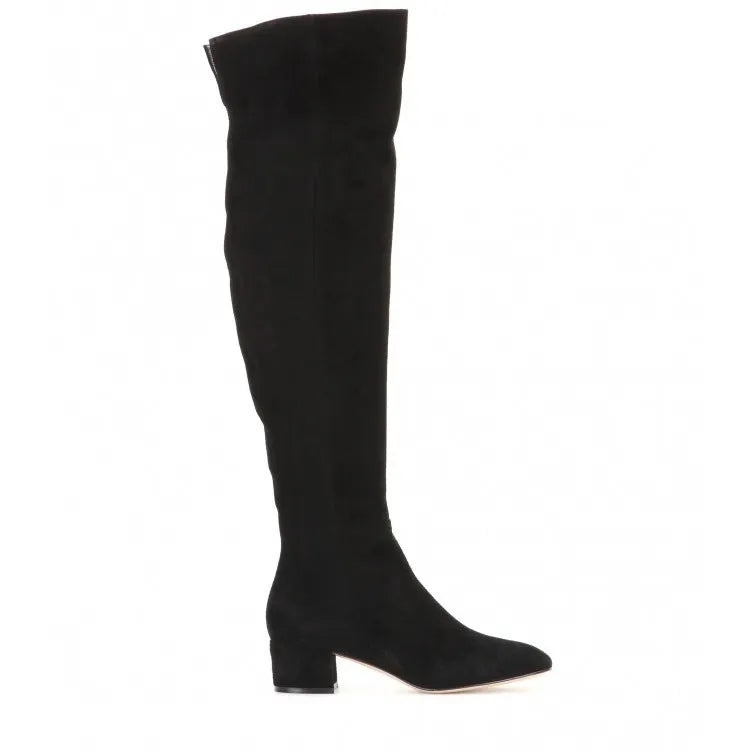 Grey suede women's flat over the knee boots with a pointed toe and thick low heel.