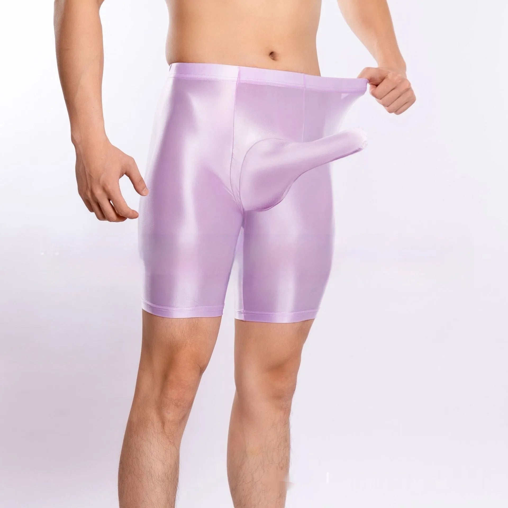 Men's plus size shiny nylon sports shorts in multiple colours on size chart.
