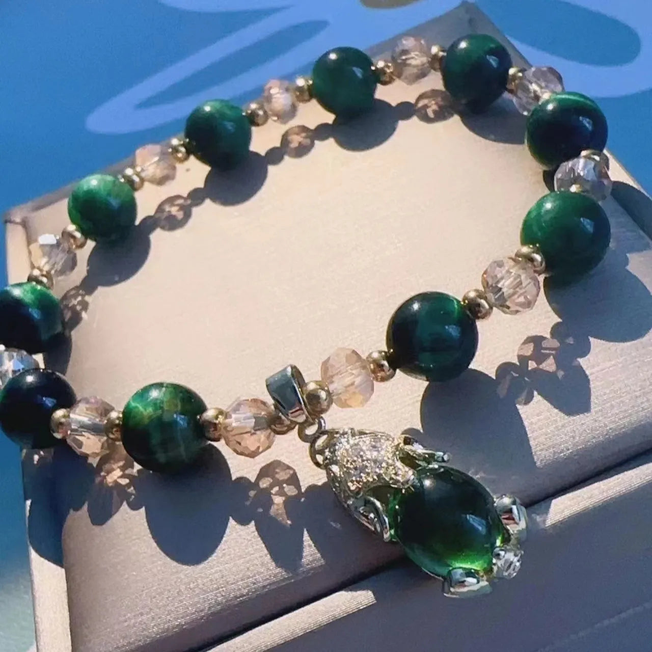 Natural Tigereye stone crystal bracelet with single or double chain in rose red or green with Fox or Pixiu motifs