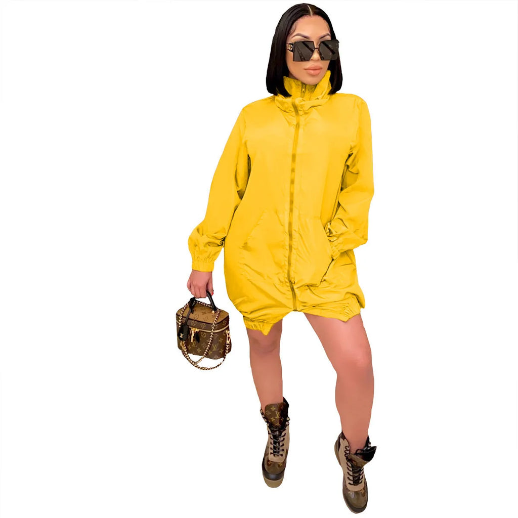 Casual women's loose long sleeve zipper dress in black, A-line skirt, polyester fibre