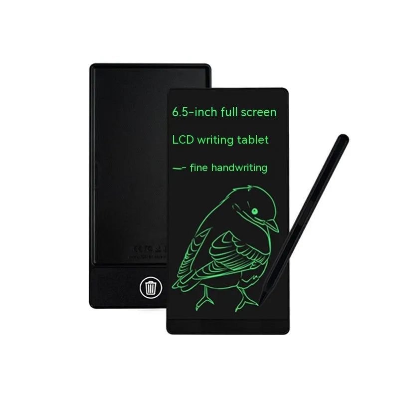 Blue LCD writing tablet with stylus on a 6.5-inch screen showing handwritten notes.
