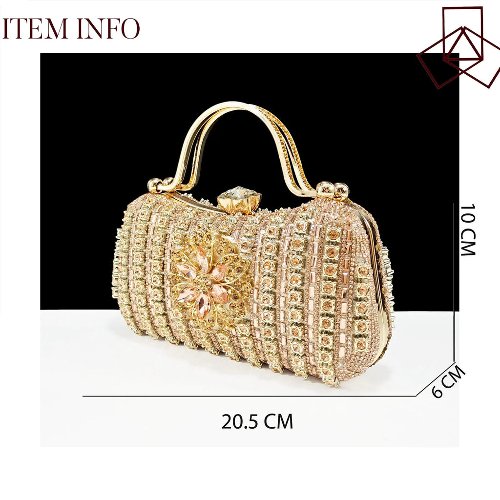 Sexy women's high heel shoes and matching hard clutch bag with floral ankle chain and rhinestone buckle