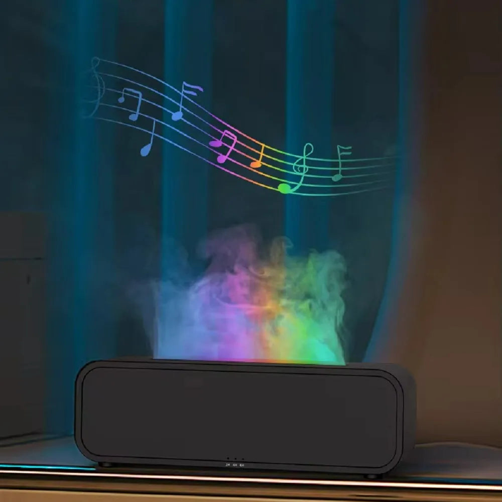 Black and white aromatherapy diffuser with flame LED effect and remote control on wooden surface