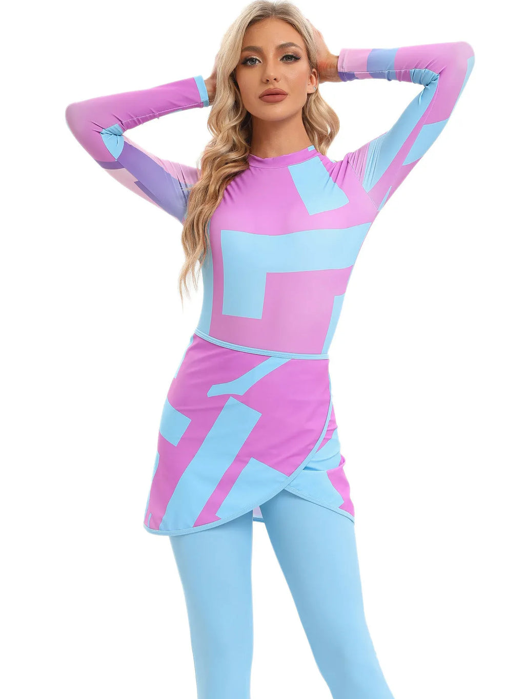 Conservative Muslim swimsuit three-piece set with apron in blue, white, or light green colour options.