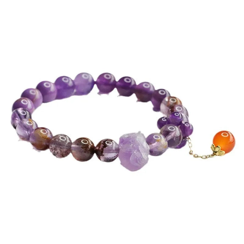 Natural purple amethyst crystal bracelet with red agate stones and adjustable Mori style design