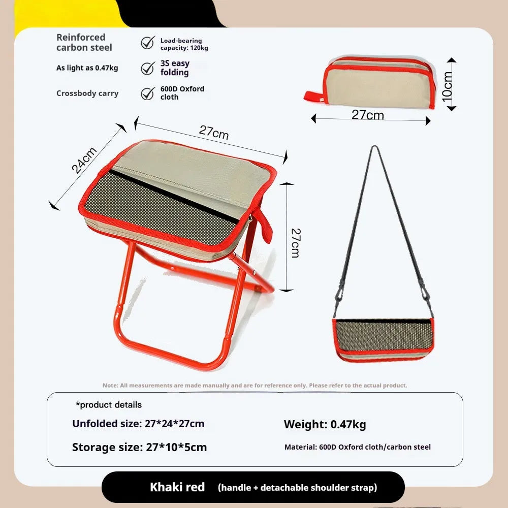 Outdoor foldable camp chair stool in Oxford fabric shown in khaki colour, folded in pencil box shape.
