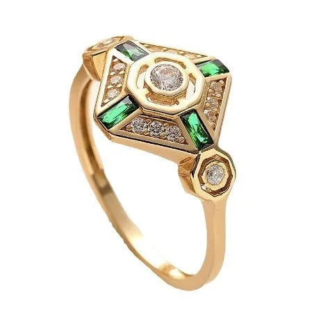 Square cut emerald diamond women's fashion ring with a lvzuan green stone on a silver electroplated band.