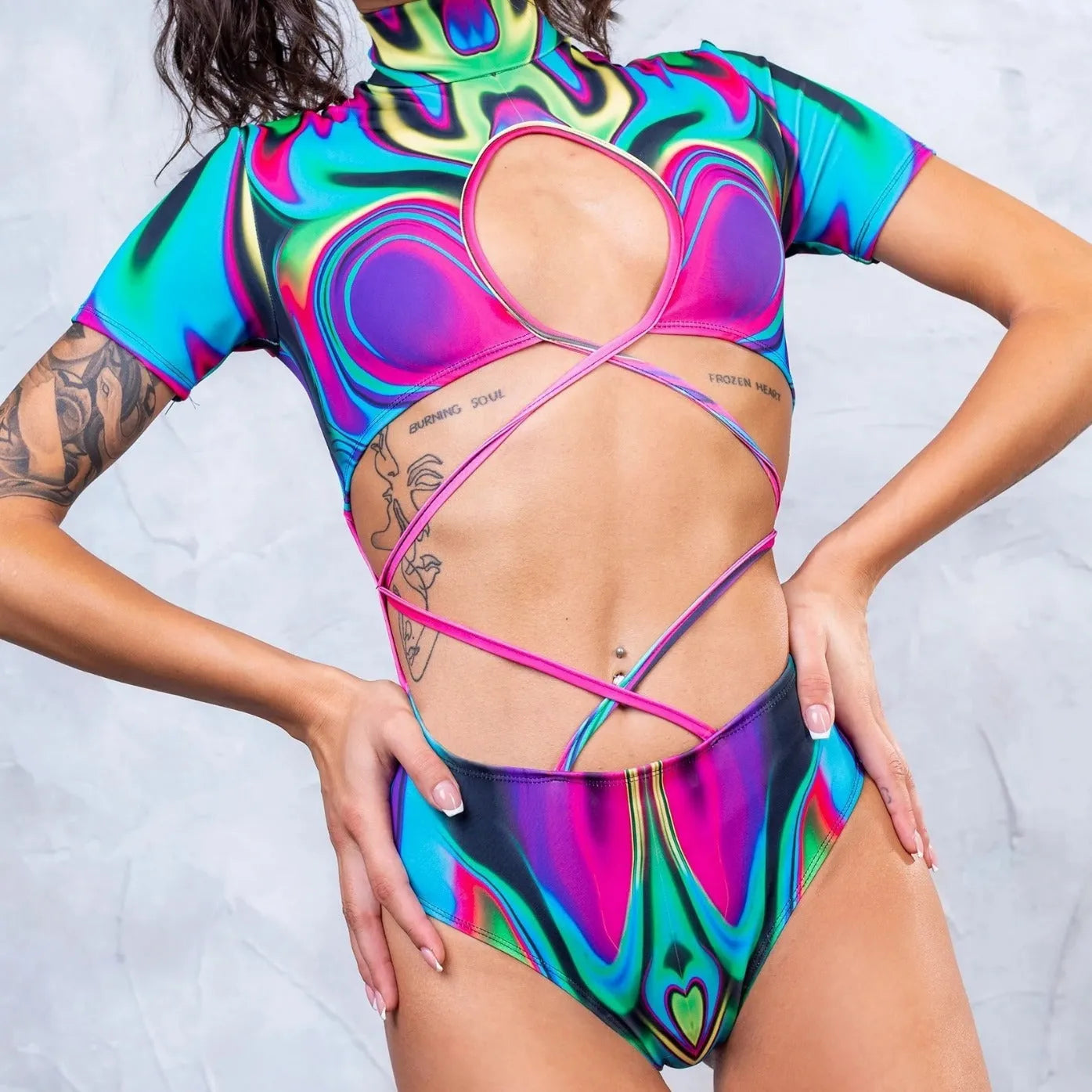 Women's high collar tie bikini swim top with long sleeves in a solid colour.